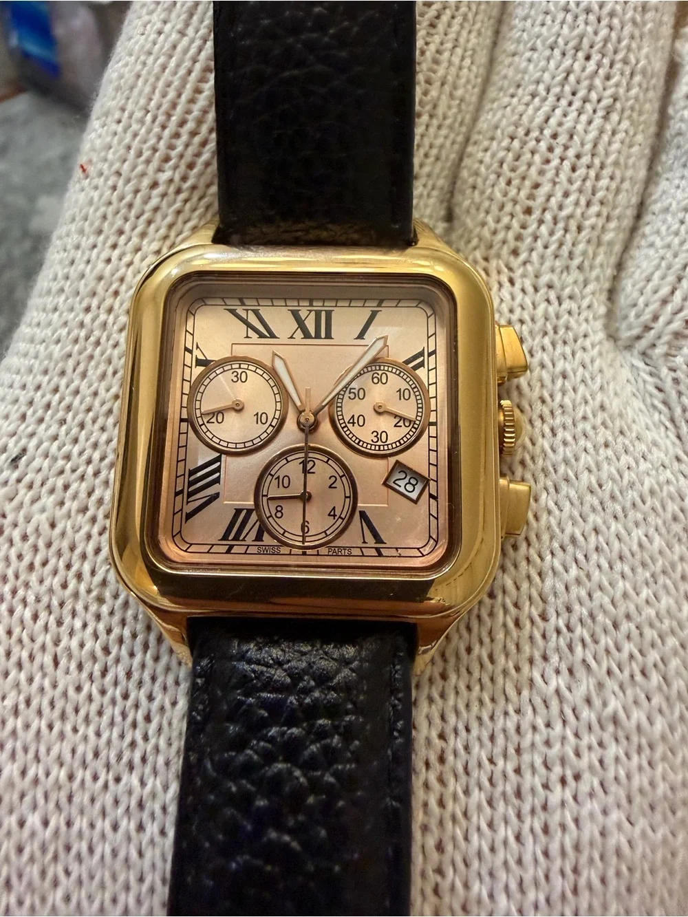 Bronzo Italia Chronograph Watch Square Bronze Roman Numeral Black Leather